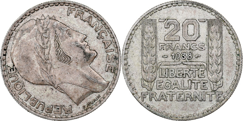 France, 20 Francs, Turin, 1938, Paris, Error Rotaded Die, Silver, EF(40-45)
Hea...