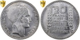 France, 20 Francs, Turin, 1933, Paris, Long laurel leaves, Silver, PCGS, MS64