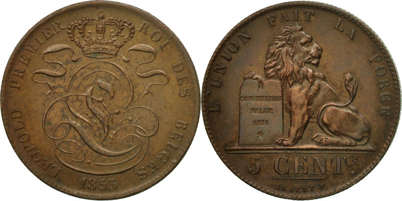 Belgium, Leopold I, 5 Centimes, 1853, Brussels, Copper, AU(55-58), KM:5.2
Crown...