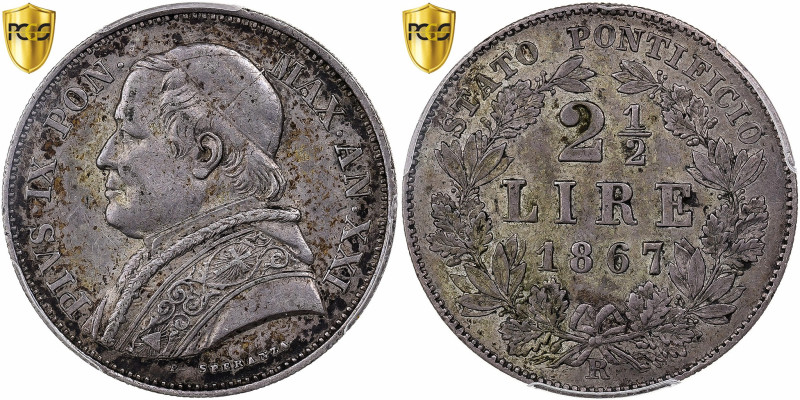 Papal States, Pius IX, 2-1/2 Lire, 1867, Rome, Silver, PCGS, AU50, KM:1384
Bust...