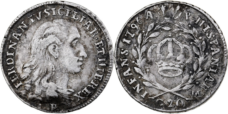 Kingdom of Naples, Ferdinando IV, 20 Grana, 1796, Naples, Silver, VF(30-35)
Bus...