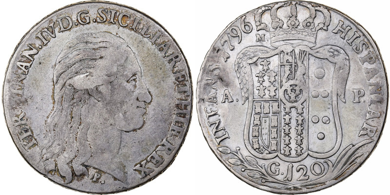 Kingdom of Naples, Ferdinando IV, 120 Grana, 1796, Naples, Silver, VF(20-25)
Ba...