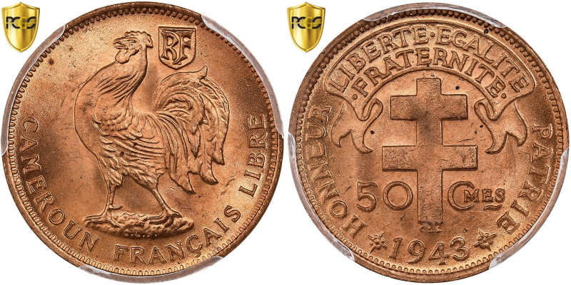 Cameroon, 50 Centimes, 1943, Pretoria, Bronze, PCGS, MS66RD, KM:6
Rooster left,...