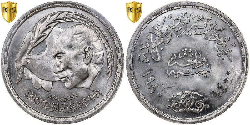 Egypt, 1 Pound, Egyptian-Israeli Peace Treaty, AH 1400/1980, Cairo, Silver
Head...