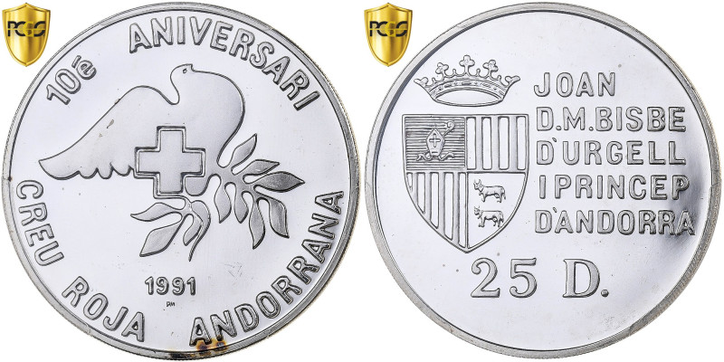 Andorra, 25 Diners, Red Cross, 1991, Pobjoy Mint, Proof, Silver, PCGS, PR65DCAM...