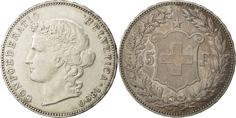 Switzerland, 5 Francs, 1890, Bern, Silver, EF(40-45), KM:34
Head of Helvetia, w...