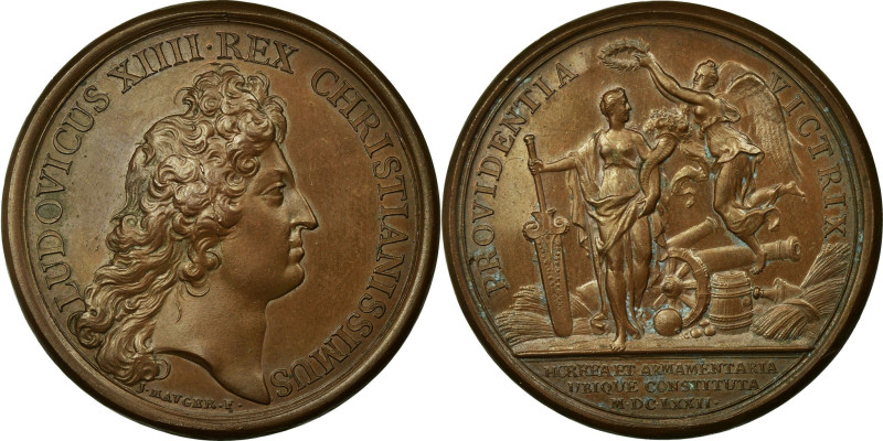 France, Medal, Louis XIV, Les Magasins de Guerre, 1672, Copper, Mauger
Bare hea...