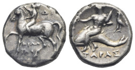 CALABRIA. Tarentum. Circa 272-240 BC. Didrachm or Nomos (Silver, 18.35 mm, 6.39 g). Magistrate Philotas. Nude youth on horseback right, crowning it wi...