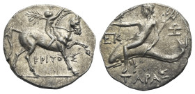 CALABRIA. Tarentum. Punic occupation, circa 212-209 BC. Kritos magistrate. Half Shekel (Silver, 19.69 mm, 3.93 g). KPITOΣ Nude youth on horseback righ...
