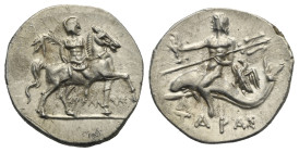 CALABRIA. Tarentum. Punic occupation, circa 212-209 BC. Sokannas magistrate. Half Shekel (Silver, 20.59 mm, 3.75 g). ΣΩKANNAΣ Cuirassed and helmeted w...