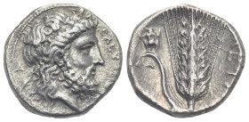 LUCANIA. Metapontion. Circa 333-330 BC. Stater (Silver, 20.54 mm, 7.78 g). ΕΛΕΥ[ΘΕΡΙΟΣ] Laureate head of Zeus right; Δ behind. Rev. MET[A] Barley ear ...