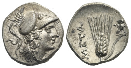 LUCANIA. Metapontion. Punic occupation, circa 215-207 BC. Half Shekel (Silver, 19.5 mm, 3.94 g). Head of Athena to right, wearing crested Corinthian h...