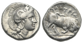 LUCANIA. Thourioi. Circa 400-350 BC. Stater (Silver, 20.49 mm, 8.04 g). Head of Athena to right, wearing crested Attic helmet adorned with Skylla faci...