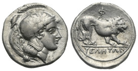 LUCANIA. Velia. Circa 340-334 BC. Didrachm (Silver, 22.66 mm, 7.46 g). 5th period. Head of Athena right, wearing crested Attic helmet decorated with g...
