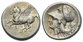 CORINTHIA. Corinth. Circa 345-307 BC. Stater (Silver, 21.00 mm, 8.54 g). Pegasos flying to left; below, Ϙ. Rev. Head of Athena to left, wearing laurea...