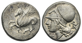CORINTHIA. Corinth. Circa 345-307 BC. Stater (Silver, 19.50 mm, 8.64 g). Pegasos flying to left, below, Ϙ. Rev. Head of Athena to left, wearing Corint...