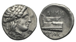 BITHYNIA. Kios. Circa 345-300 BC. Hemidrachm (Silver, 13.20 mm, 2.42 g) struck under the magistrate Demetrios. Laureate head of Apollo right, ΚΙΑ belo...