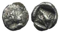 CARIA. Uncertain mint, Mylasa (?). Circa 520-490 BC. Obol (Silver, 13.23 mm, 0.92 g). Forepart of lion to left; symbol or letter on shoulder. Rev. Rou...