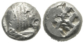 CARIA. Mylasa. Circa 520-490 BC. Stater (Silver, 18.36 mm, 10.92 g). Forepart of a roaring lion right. Rev. Divided incuse punch. SNG Kayhan 930. Cf. ...