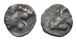 CARIA. Uncertain mint ('Mint H'). Circa 420-400 BC. Tetartemorion (Silver, 7.81 mm, 0.17 g). Milesian standard. Head of ram to right. Rev. Head of roa...