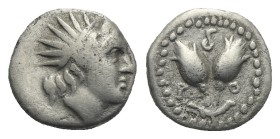ISLANDS OFF CARIA. Rhodes. Circa 205-190 BC. Diobol (Silver, 14.47 mm, 0.91 g.) Radiate head of Helios to right. Rev. Two rose buds; below, P – O; abo...