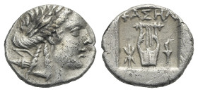 LYCIAN LEAGUE. Phaselis. Circa 167-100 BC. Drachm (Silver, 15.25 mm, 2.31 g). Laureate head of Apollo right; bow and quiver over shoulder. Rev. ΦAΣHΛ[...
