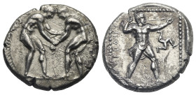 PAMPHYLIA. Aspendos. Circa 400-370 BC. Stater (Silver, 24.60 mm, 10.59 g). Two wrestlers grappling. Rev. Slinger in throwing stance right; EΣTFEΔIIYΣ ...