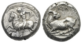 CILICIA. Kelenderis. Circa 420-400 BC. Stater (Silver, 20.14 mm, 10.73 g). Youth, naked, dismounting horse prancing left, holding whip in his left han...