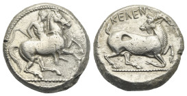 CILICIA. Kelenderis. Circa 410-375 BC. Stater (Silver, 22.83 mm, 10.68 g). Nude youth, holding whip, sliding off horse rearing to right. Rev. ΚΕΛΕΝ Go...
