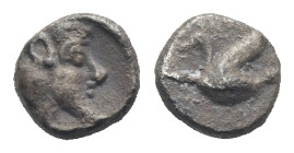 CILICIA. Mallos. Circa 425-385 BC. Tetartemorion (Silver, 6.52 mm, 0.30 g). Forepart of a man-headed bull to right. Rev. Swan to left. SNG Levante 140...