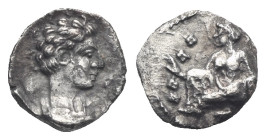 CILICIA, Tarsos. Tiribazos, satrap of Lydia, 388-380 BC. Obol (Silver, 9.63 mm, 0.58 g). Young male head to right. Rev. Female kneeling to left, tossi...