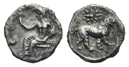 CILICIA. Tarsos. Mazaios, satrap of Cilicia, circa 361/0-334 BC. Obol (Silver, 10.90 mm, 0.74 g). Baaltars seated left, his torso facing, holding lotu...