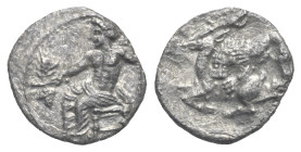 CILICIA, Tarsos. Mazaios. Satrap of Cilicia, 361/0-334 BC. Obol (Silver, 10.80 mm, 0.74g). Baaltars seated left, his torso facing, holding grain ear a...