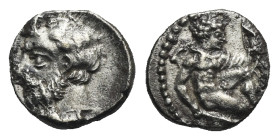 CILICIA. Uncertain. Circa 4th century BC. Obol (Silver, 9.951 mm, 0.67 g) Horned and bearded head of Pan left. Rev. Herakles kneeling right, holding c...
