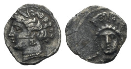 CILICIA. Uncertain mint. 4th Century BC. Obol (Silver, 15.58 mm, 0.65 g). Female head facing, wearing high sphendone decorated with palmette. Rev. Wre...