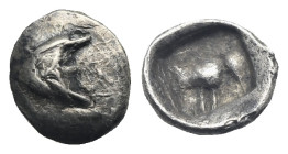 ASIA MINOR(?). Uncertain. Circa 500-400 BC. Tetartemorion (Silver, 6.63 mm, 0.16 g). Head of tunny fish left(?). Rev. Bull within incuse square. SNG K...