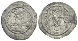 SASANIAN KINGS. Hormizd IV, 579-590. Drachm (Silver, 31.50 mm, 3.46 g). 'AL' mint (Armenia?), RY 11 (= 590). Crowned and cuirassed bust right; three s...