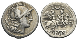 Anonymous, 207 BC. Denarius (Silver, 19.67 mm, 3.92 g). Rome. Head of Roma to right, wearing winged helmet ornamented with griffin’s head; behind, X (...