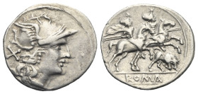Anonymous, circa 206-195 BC. Denarius (Silver, 20.19 mm, 3.65 g), Rome. Head of Roma to right, wearing winged helmet and pendant earring; behind, X (m...