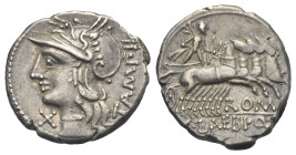 M. Baebius Q.f. Tampilus, 137 BC. Denarius (Silver, 19.84 mm, 3.85 g) Rome.Helmeted head of Roma left, wearing necklace of pendants; behind, TAMPIL up...
