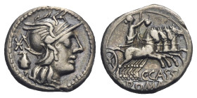 C. Cassius, 126 BC. Denarius (Silver, 18.06 mm, 3.89 g). Rome. Helmeted head of Roma to right with pendant earring and pearl necklace; behind, star (m...