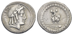 Mn. Fonteius C.f, 85 BC. Denarius (Silver, 19.89 mm, 3.94 g). Rome. MN•FONT[EI C•F] Laureate head of Apollo to right; below chin, monogram of ROMA; be...