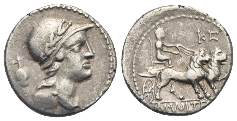 M. Volteius M.f, 78 BC. Denarius (Silver, 18.20 mm, 3.72 g), Rome. Laureate, hel...