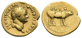 Titus as Caesar, 69-79. Aureus (Gold, 21.53 mm, 7.01 g) struck under Vespasianus. Rome, 76. T CAESAR IMP VESPASIANVS Laureate head of Titus right. Rev...
