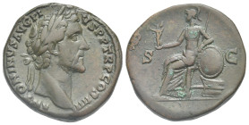 Antoninus Pius, 138-161. Sestertius (Bronze, 30.10 mm, 22.06 g). Rome. ANTONINVS AVG PI VS P P TR P COS IIII Laureate head right. Rev. S C. Roma seate...