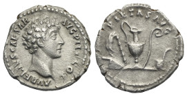Marcus Aurelius, as Caesar, 139-161. Denarius (Silver, 19.66 mm, 3.34 g). Rome, circa 140-144. AVRELIVS CAESAR AVG PII F COS Bare head right. Rev. PIE...