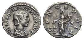 Aquilia Severa, second wife of Elagabalus, Augusta, 220-222. Denarius (Silver, 18.62 mm, 2.39 g). Rome, 220. IVLIA AQVILIA SEVERA AVG Draped bust of A...