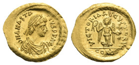 Anastasius I, 491-518. Tremissis (Gold, 16.01 mm, 1.49 g). Constantinopolis, 491-518. A N ANASTASIVS P P AVG diademed, draped and cuirassed bust right...