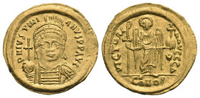 Justinian I, 527-565. Solidus (Gold, 22.56 mm, 4.42 g). Constantinopolis, 545-565. D N IVSTINIANVS P P AVI Helmeted and cuirassed bust of Justinian fa...