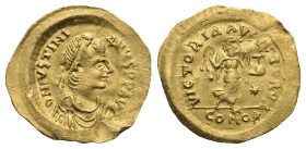 Iustinianus I, 527-565. Tremissis (Gold, 17.91 mm, 1.45 g) Constantinopolis. D N IVSTINI ANVS P P AVC Diademed, draped and cuirassed bust of Iustinian...